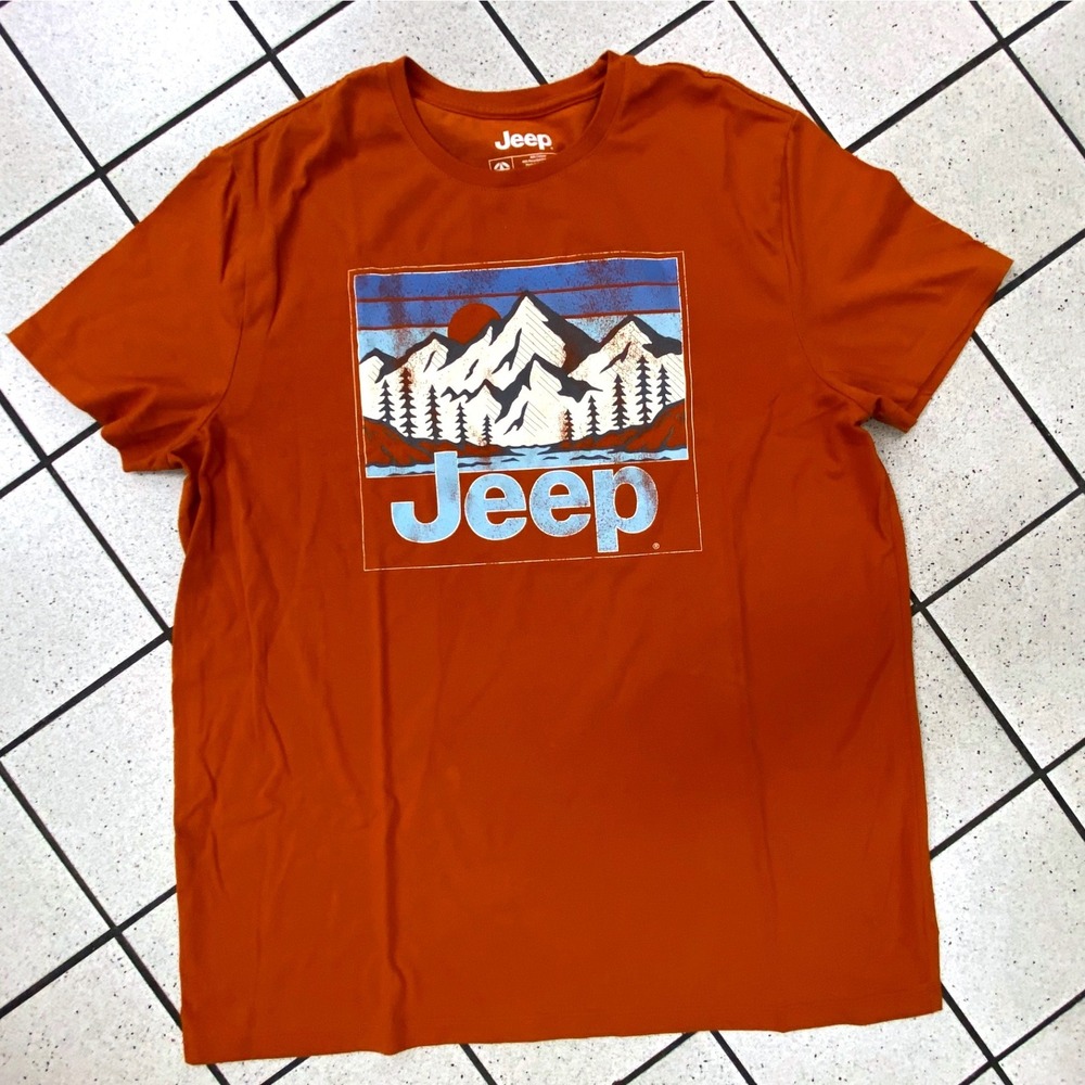 Jeep Graphic T-Shirt Mens Large Orange Excellent Mountain Nature Short Sleeve